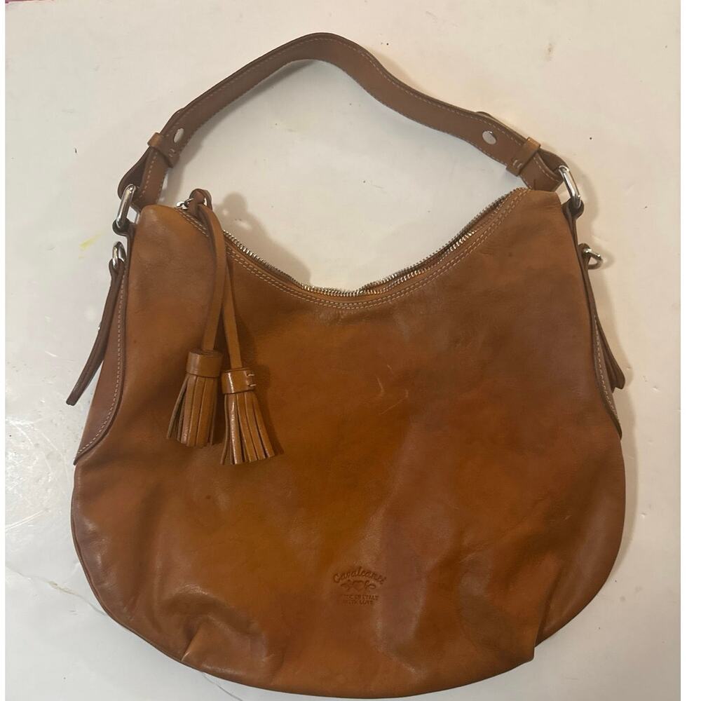 Cavalcanti Italian Designer Cognac Leather Handbag Purse Satchel Tote tassel